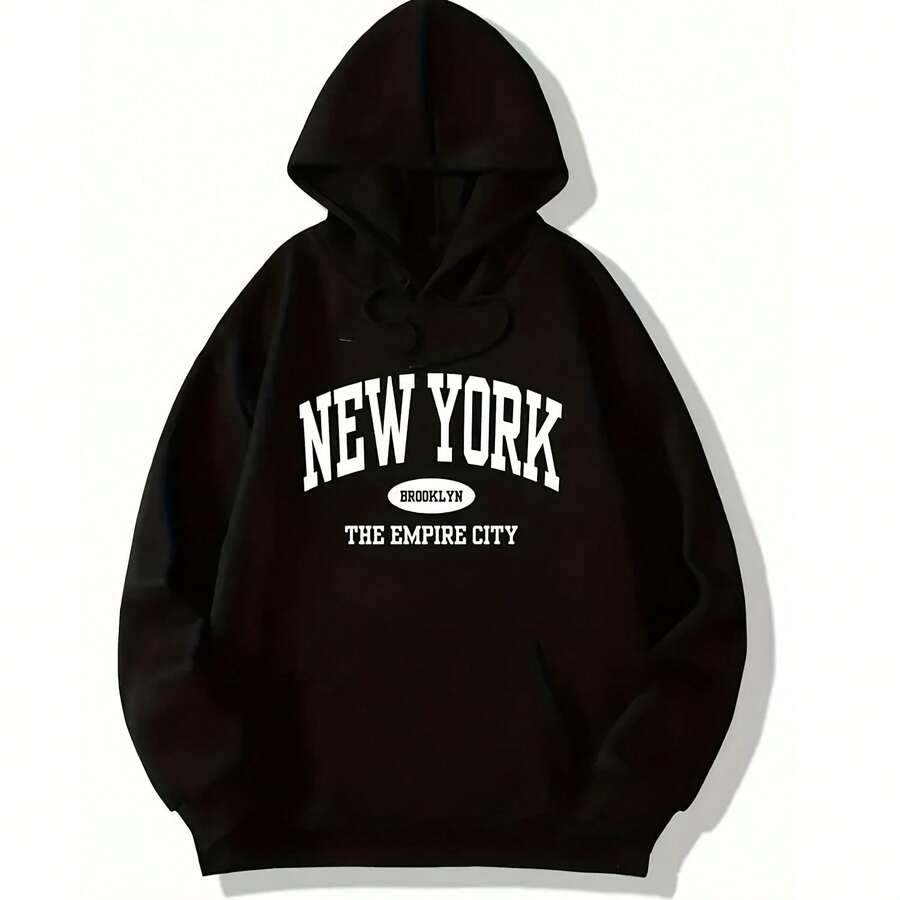NEW YORK Pattern Hooded Sweatshirt Soft Drawstring Top Long Sleeves Jogging Fleece Fall Winter Pullover Sports Casual Hoodies - màu đen - Xem 1
