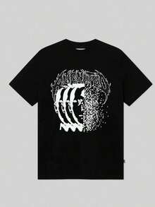 Mens Clothes;Summer Tops100% Cotton Men's T-Shirt, Crew Neck Tee With White Abstract Human Head Pattern, Plus Wavy Line Decor On Hair Area, Striped Design On Face & Pixelated Particle Effect Print, Casual Short Sleeve Topssummer Outfits W8TL - 黑色 - 查看 11