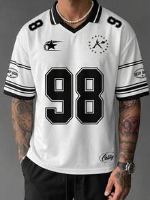 男士98星字母图案Polo衫，休闲街头足球风格肩部印花条纹袖口上衣，夏季款 - 白色 - 查看 2