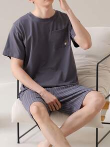 AICJ 男士纯色休闲宽松简约口袋圆领短袖格子短裤睡衣套装（2件套），适合春夏穿着 - 深灰色 - 查看 6