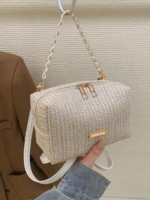 1pc Women's Fashion Solid Color Straw Handbag, Commute & Vacation Straw Shoulder Bag, Suitable For Shopping, Vacation - Beige - View 12