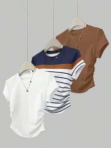 Set de 3 camisetas de mujer de verano con nuevos diseños de frutas, cerezas, flores y rayas - Multicolor 6 - Ver 7