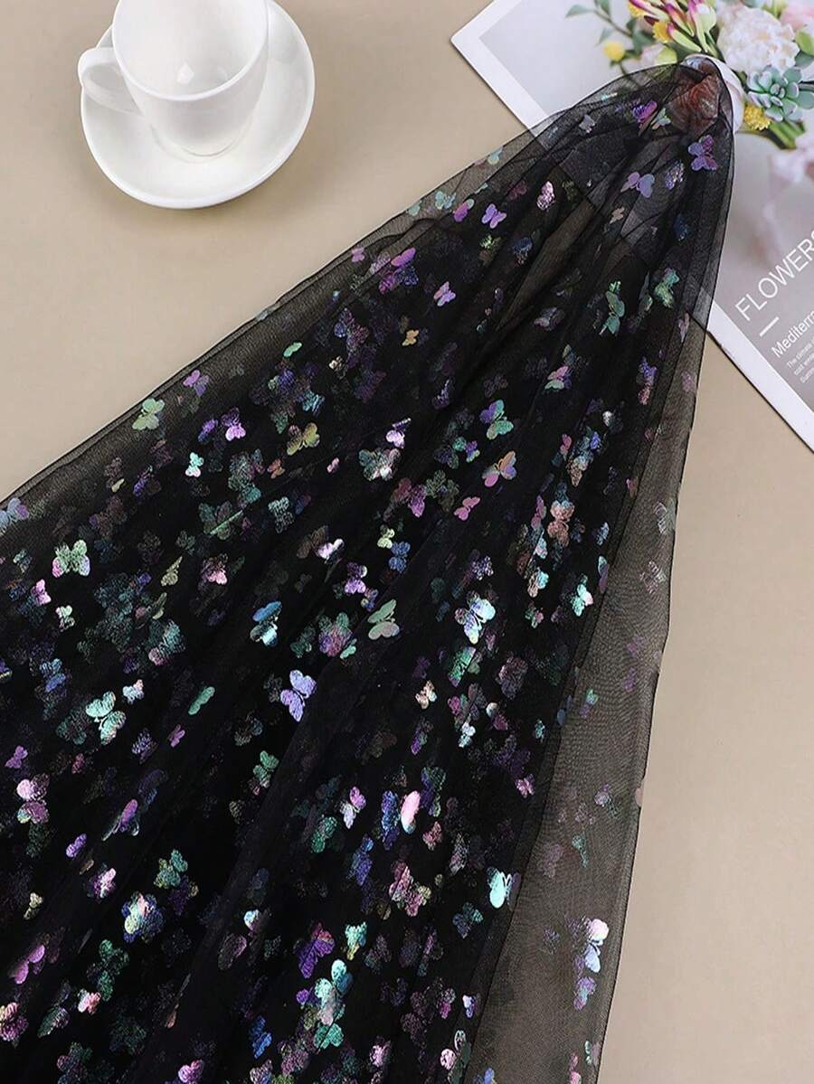 1pc Iridescent Butterfly Mesh Veil Headpiece, Photography Backdrop Cloth, Tulle Skirt Fabric With Foil Butterfly Print - Black - View 1