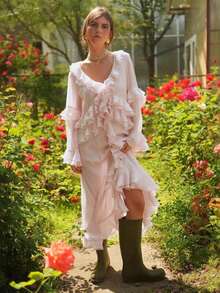 Irregular V-Neck Ruffled Slit Maxi Dress - Pink - View 2