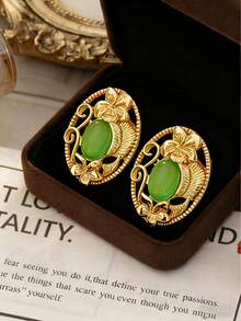 1 par de pendientes de botón con hoja ovalada de núcleo verde, pendientes de flor tallada hueca, accesorio elegante para el trabajo y uso diario - Verde - Ver 8