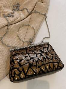 Túi xách cầm tay tròn đính sequin hình học lấp lánh với dây đeo kim loại, thích hợp cho tiệc tối, đám cưới, sinh nhật, hộp đêm, các dịp trang trọng, họp mặt và cuộc sống về đêm cuối tuần. - Vàng - Xem 4
