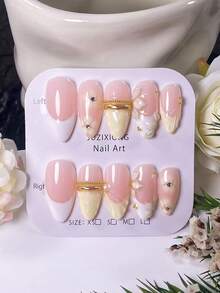 10 Móng Tay Giả Thủ Công Hình Hạnh Nhân, Họa Tiết Chấm Bi Kiểu Pháp Màu Trắng & Vàng Ép Mờ với Hoa Khắc 3D. Đặc trưng bởi các chấm bi kiểu Pháp màu trắng và vàng được vẽ tay, hoa ba cánh 3D màu vàng được chạm khắc thủ công và những bông hoa nhỏ màu vàng óng ánh. - Nhiều màu - Xem 2