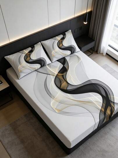 1件装现代抽象黑金波浪印花床笠，奢华柔软透气床上用品，简约艺术床罩，适用于卧室家居装饰，适合单人床/双人床/大号床/特大号床，可机洗，是卧室装饰的理想之选