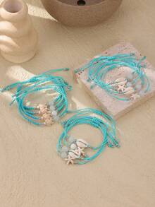 Set de 12 piezas de pulseras casuales y versátiles con elementos de estilo bohemio, decoración de conchas y estrellas de mar para playa y océano para niñas - Azul - Ver 2