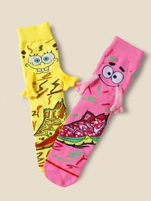 SpongeBob SquarePants SquarePants 1/2 Pairs Cute Cartoon Collaboration Hand In Hand Magnetic Socks Paired With Pink Starfish Yellow SquarePants Cartoon Fun Sweat Absorbing Breathable Unique Design Multi Scene Dating Best Friends Daily Dressing - Multicolor - View 3