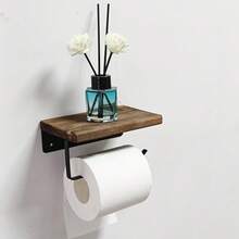 Multi-Function Toilet Paper Holder, Wooden Wall-Mounted Toilet Paper Rack, No Drill Installation Bathroom Tissue Holder, Phone Shelf & Fragrance Display - Black - View 5