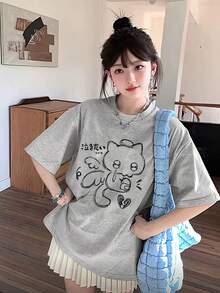Áo thun nữ dáng rộng cổ tròn tay ngắn in hình mèo khóc, thích hợp cho mùa xuân/hè. - Màu xám nhạt - Xem 4