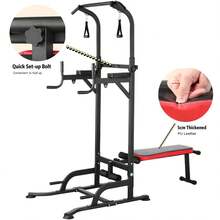 Dip Station Power Tower, Multifunctional Power Tower With Foldable Weight Bench, Pull-Up Bar For Strength Training Equipment For Home Gym, Including Training Bands, Load Capacity Up To 200KG - Black and Red - View 5