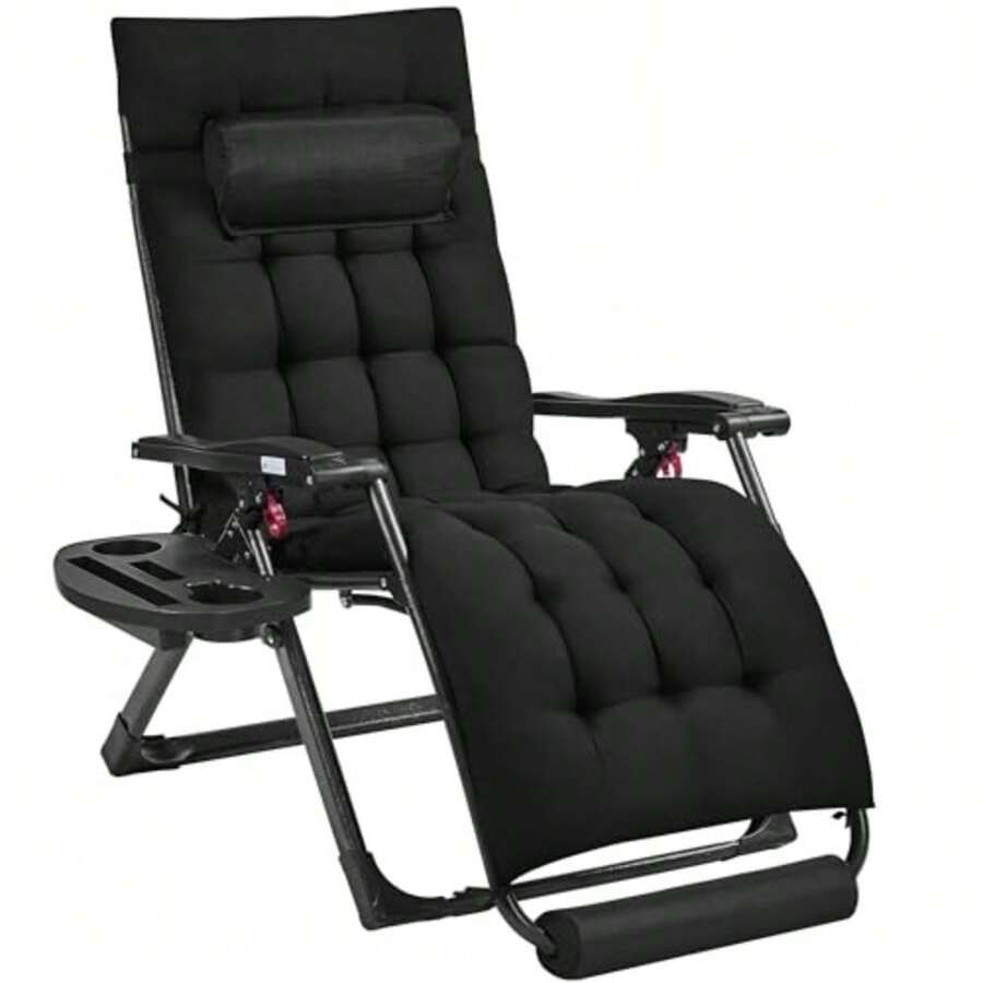 26" Zero Gravity Chair Folding Reclining Lounge Recliner With Removable Pad And Headrest And Side Cup Holder Tray For Indoor And Outdoor Black/1 - màu đen - Xem 1
