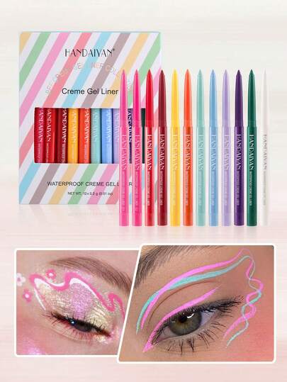 HANDAIYAN 12支速干不晕染哑光彩色细头星空眼线笔套装，高显色度，不结块，新手友好，适合日常通勤/节日妆容，化妆品，面部彩绘，彩妆，适合女性，秋冬季节适用，生日、情人节礼物、狂欢节派对、Y2K时尚潮流的理想之选
