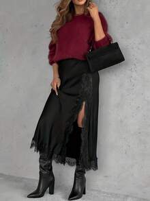 Women's Elegant Solid Color Satin Lace Trim Skirt, Fashionable And Versatile Front Slit Skirt Black Spring - Black - View 4