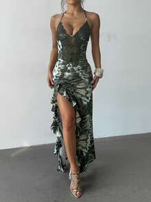 Summer Floral Maxi Dress, Women's Sexy Beach Vacation Allover Floral Print Lace Patchwork High Slit Ruffle Halter Maxi Dress, Suitable For Music Festival, Party, Street Style, Concert, Vacation, Date, Birthday, Party, Wedding, Holiday - Green - View 1