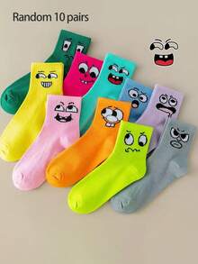 1/3/5/8/10 pares de calcetines de tripulación para mujer con estampado de dibujos animados de caras sonrientes, cómodos y de moda personalizados para primavera/verano - Multicolor - Ver 11