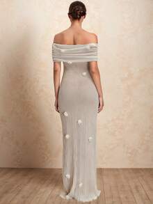 Off-The-Shoulder 3D Floral Fitted Dress, Mermaid Hem, Vacation Style Party Evening Gown - White - View 2