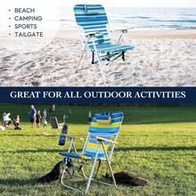 CARIBBEAN JOE Folding Beach Chair, 4 Position Portable Backpack Foldable Camping Chair With Headrest, Cup Holder, And Wooden Armrests - 藍色,青檸條紋 - 查看 4