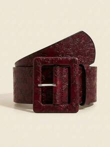 1pc Women's Wide 2.7 Inch Burgundy Western Style Embossed Random Floral Pattern Casual Jeans Belt, Suitable For Daily Wear - Wide Version - Burgundy Embossed - View 6