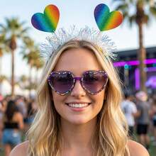 Bộ 3 món chủ đề cầu vồng phong cách Hippie: Băng đô hình trái tim, vòng cổ hình biểu tượng hòa bình, kính thời trang - Phụ kiện chụp ảnh dự tiệc Carnival, chủ đề Hippie/phong cách retro thập niên 70: Biểu tượng hòa bình + cầu vồng là những biểu tượng văn hóa Hippie kinh điển, phối hợp với trang phục retro. - Màu tím - Xem 5