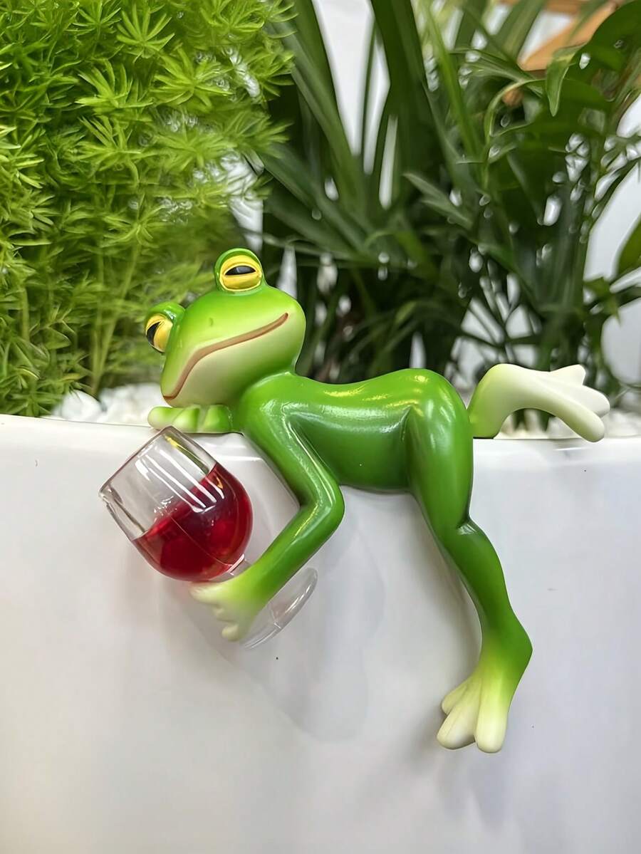 1件紅酒青蛙花盆掛飾，樹脂手工DIY，適用於花盆邊緣、魚缸、水族箱、花園池塘，趣味青蛙主題花園裝飾，適合室內外使用，無需電源，四季適用，適合青蛙愛好者收藏禮物