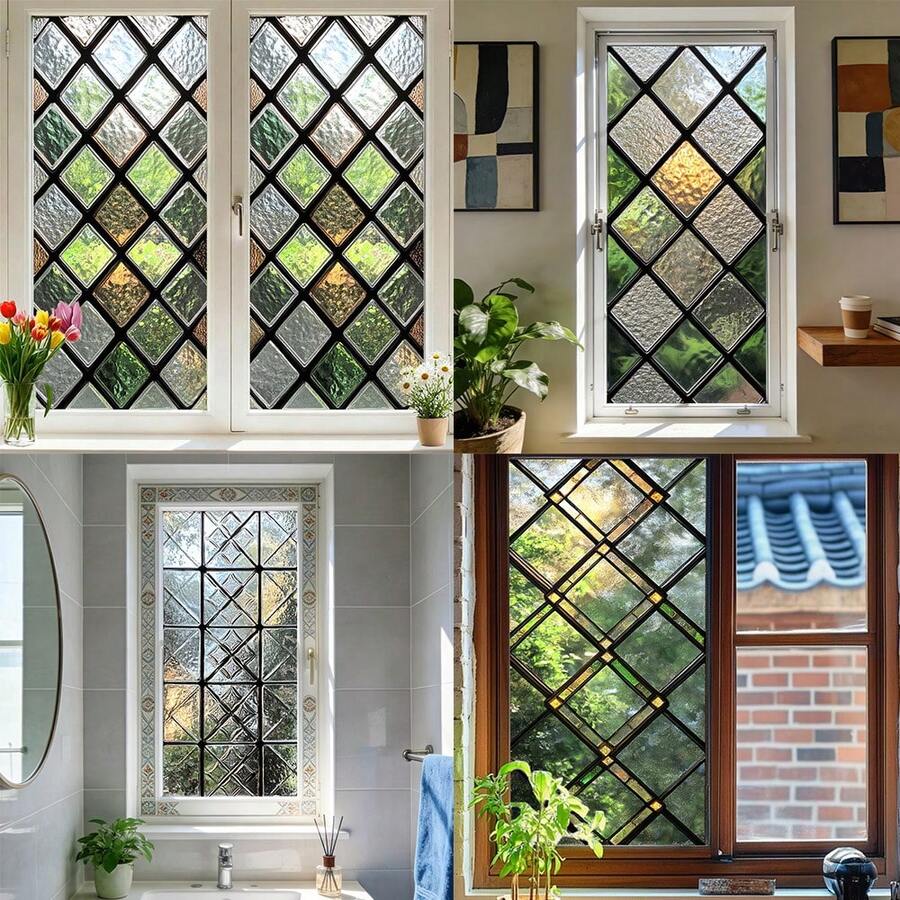 1pc Summer Retro Stained Glass Window Film, Diamond Pattern Electrostatic Adhesive Privacy Sticker, Suitable For Living Room And Bathroom Window Decoration, Decorative Glass Film, Home And Office Window Sticker. - Multicolor - View 1