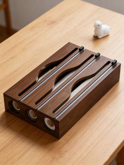 1 pieza Dispensador de envoltura de bambú, Caja de almacenamiento de papel de aluminio y film transparente 3 en 1 de aluminio, adecuada para la cocina y el regreso a la escuela, caja de almacenamiento para papel de aluminio y film transparente (no se incluyen el papel de aluminio y el film transparente)
