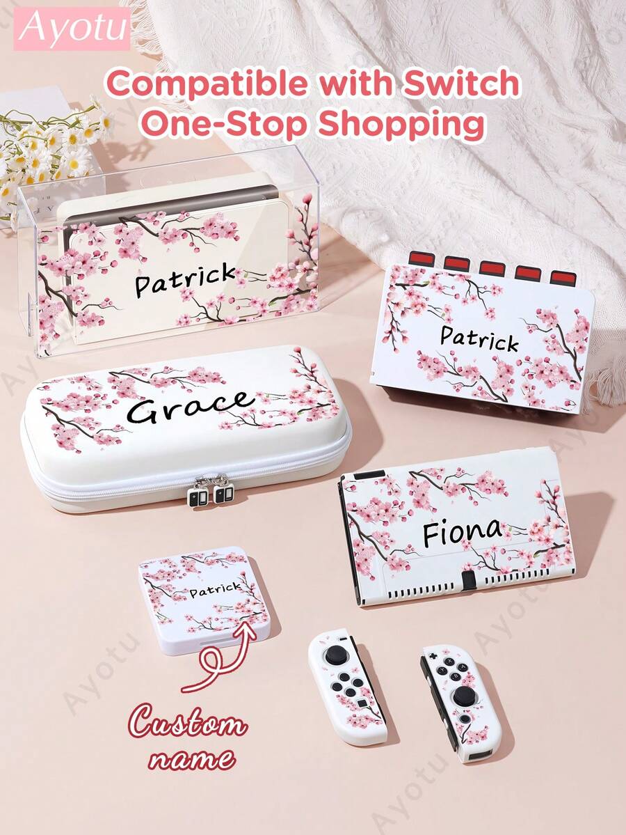 Ayotu Custom Sakura Tree Pattern Switch Console Case & Accessories Kit, Compatible With Switch / Switch OLED / Switch Lite, Including Protective Case, Storage Bag, Dock Cover, Host Dust Cover, Game Card Case More, Ideal Gift For Game Enthusiasts,Christmas, Valentine's Day, Spring & Back To School - White - View 1