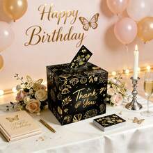 21pcs Black Appreciation Memory Card Box, Suitable For Birthday, Graduation, Halloween, Retirement, Family Game Invitation, Gender Reveal Party Decorations (1 Paper Box + 20 Cards) - 22*22*22cm - View 1