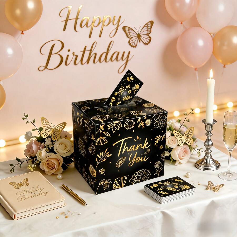 21pcs Black Appreciation Memory Card Box, Suitable For Birthday, Graduation, Halloween, Retirement, Family Game Invitation, Gender Reveal Party Decorations (1 Paper Box + 20 Cards) - 22*22*22cm - View 1