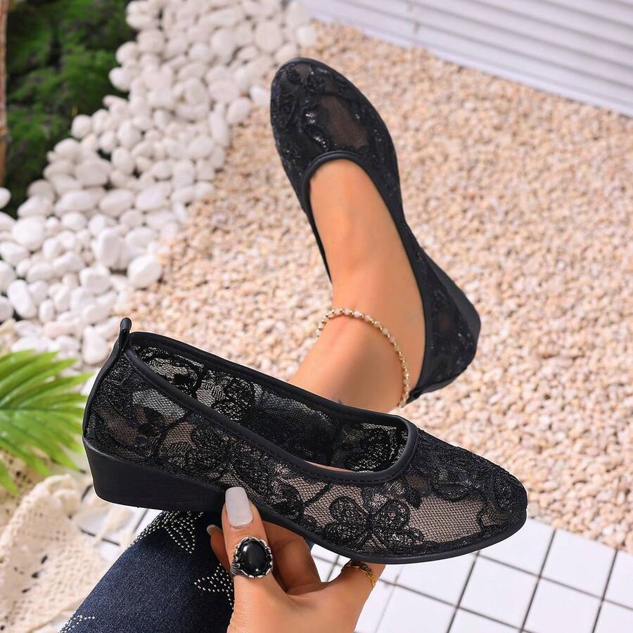Giày lười đế bằng ren mỏng, mũi nhọn, kiểu dáng slip-on, giày đi làm đa năng dành cho nữ. - màu đen - Xem 1