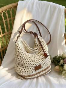 1pc Women's Long Strap Crossbody Bag, Lightweight & Practical, Minimalist Design, Beige Fabric, Polyester Lining, Suitable For Daily Use And Travel - Khaki - View 8