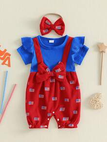 Newborn Baby Girl 4th Of July Romper My First 4th Of July Outfit Long Sleeve Cute One Piece Knit Jumpsuit Infant Outfits With Bow Headband, Baby Girl 4th Of July Outfit, Newborn Summer Clothes - 紅色 - 查看 7