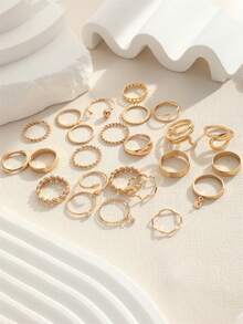 24pcs Smooth Geometric Snake Shaped Rhinestone Pendant Rings, Vintage Thin Band Stackable Rings, Classic French Style Versatile Gold Tone Rings For Women - Gold - View 5