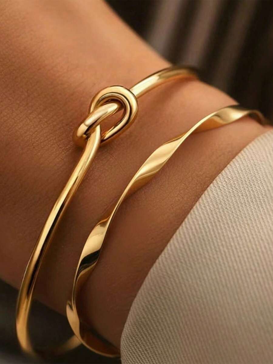Brazalete abierto anudado de acero inoxidable de moda - Conjunto de brazaletes sencillos y elegantes para uso diario - pulsera - Ver 1