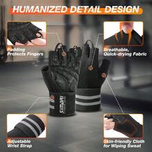 Workout Gym Gloves Men Women, Weight Lifting Gloves With Wrist Wrap Support, SBR Pad Grip Full Exercise, Fitness, Dumbbells, Barbell, Climbing, Fingerless - Black + Large - View 5