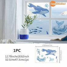 1pc Blue Ocean Theme Whale & Wave Pattern Self-Adhesive Wall Sticker, Hand-Painted Illustration Style, Made Of Premium PVC Material, Removable And Reusable, Suitable For Bedroom, Study, Living Room Wall Decor, Office, Cafe, Homestay Wall And Window Renovation, 12.79*18.62inch - 1pcs - View 11