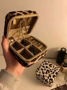 1pc Leopard Pattern Jewelry Box Portable Accessories Organizer Earrings Rings Storage Back To School GMPB - Leopard Brown - View 6