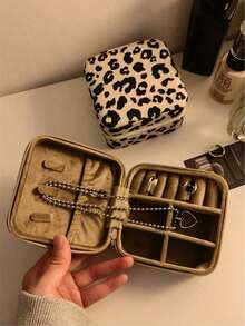 1pc Leopard Pattern Jewelry Box Portable Accessories Organizer Earrings Rings Storage Back To School GMPB - Leopard Brown - View 11
