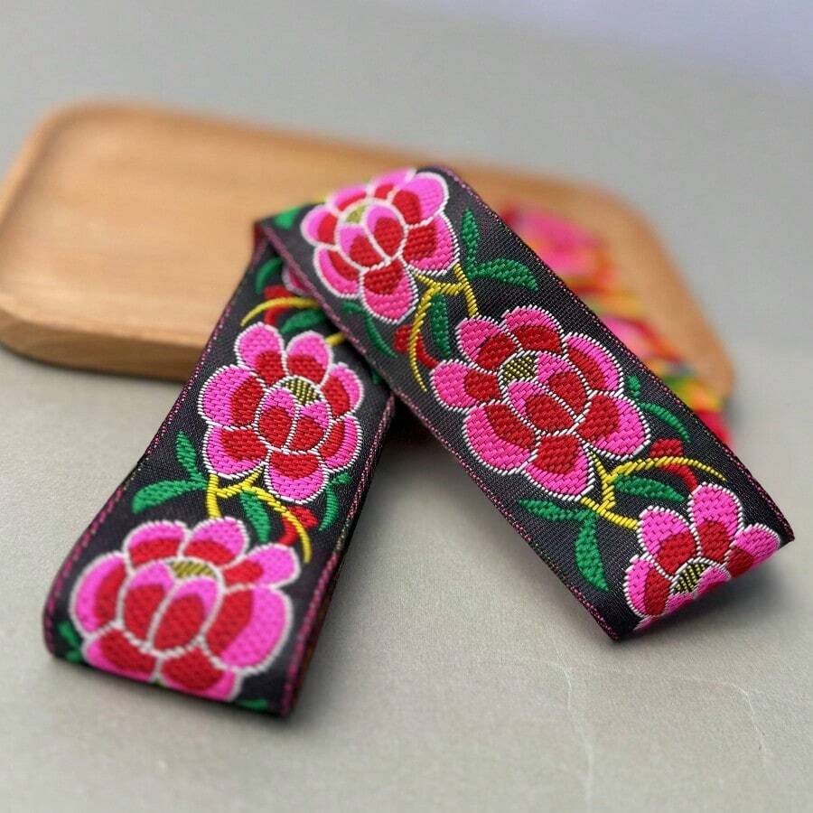 Ren Jacquard họa tiết hoa mẫu đơn, băng dệt kiểu cổ điển, phụ kiện quần áo thêu Hanfu & Miao. - màu đỏ - Xem 1