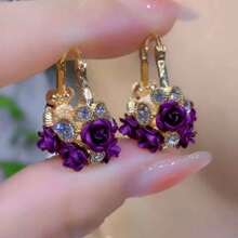 Bông tai hoa hồng đỏ kiểu giỏ hoa thêu cho nữ, 1 đôi (2 chiếc). - Màu tím - Xem 2
