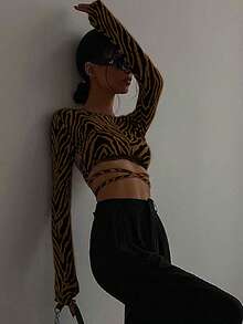 Women's Zebra Print Criss-Cross Strap T-Shirt Casual Vacation - Brown - View 2
