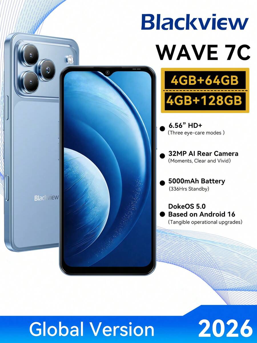 Blackview WAVE 7C 解鎖智慧型手機，Android 16，5000mAh 電池，13MP+32MP 側邊快捷鍵，八核心 (4+8 擴展) GB+64GB/128GB/1TB SD 儲存，6.56" HD+ 螢幕，雙 SIM 4G，不含充電器