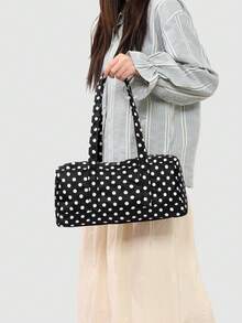 1件女款對比波點肩背棒球包，時尚大容量托特包，短途旅行旅行包，戶外運動多口袋布包 - 黑色 - 查看 6