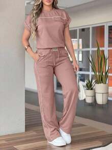 Women's Solid Color Minimalist Round Neck Short Sleeve Top And High Waist Straight Leg Pants 2 Pieces Set, Spring/Summer - 蓮藕粉紅13 - 查看 10