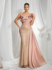 VIPGIRL Đầm dạ hội dài, sang trọng, màu hồng hoa văn, chất liệu lưới, không dây vai, xếp lớp, trang trí nơ, phù hợp cho các dịp đặc biệt như tiệc tùng, đám cưới, mùa xuân. - Hồng - Xem 3