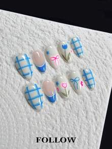 10pcs Handmade Almond Press On Nails, Cute Sweet Style, Blue White Checkerboard Pattern, Hand Painted Tulip Floral Nail, Bowknot Design, French Tip, 3D Embossed Glossy Finish, For Women Girls Daily Wear Party Spring Summer, Includes Nail File, Reusable Acrylic Nail Supplies - Dusty Blue - View 4