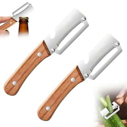 Dụng cụ gọt vỏ rau củ có tay cầm bằng gỗ và tích hợp mở nắp chai, lưỡi dao bằng thép không gỉ, dụng cụ nhà bếp dùng để gọt táo, khoai tây, bí ngô, đu đủ, cà rốt và các loại trái cây & rau củ khác.